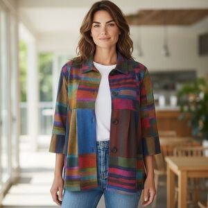 Parsley & Sage Multicolor Geometric Patchwork Button Front Top Size Small